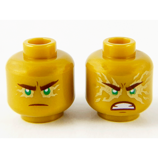 Minifigure, Head Dual Sided Reddish Brown Eyebrows and Mouth, Green Eyes with Gold Energy Effect, Frown / Fierce Outburst Pattern