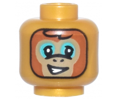Minifigure, Head Alien Balaclava, Dark Tan and Dark Orange Monkey Face, Dark Turquoise Eye Shadow, Lopsided Open Mouth Smile with Teeth, Black Outline Pattern