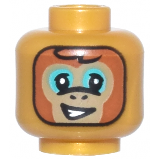 Minifigure, Head Alien Balaclava, Dark Tan and Dark Orange Monkey Face, Dark Turquoise Eye Shadow, Lopsided Open Mouth Smile with Teeth, Black Outline Pattern