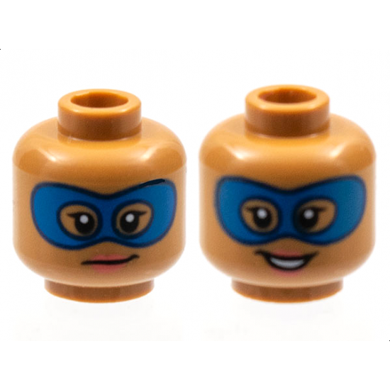 Minifigure, Head Dual Sided Female Blue Domino Mask, Dark Pink Lips, Grin / Open Smile Pattern