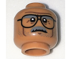 Minifigure, Head Dark Bluish Gray Bushy Eyebrows, Moustache, and Stubble, Black Glasses, Dark Brown Cheek Lines, Chin Dimple, and Wrinkles, Furrowed Brow, Stern Pattern