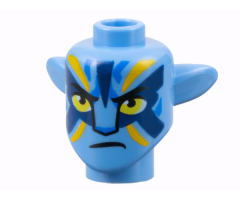 Minifigure, Head, Modified Alien Na'vi with Yellow Eyes, Blue Markings, Bright Light Orange and Dark Blue War Paint, Frown Pattern