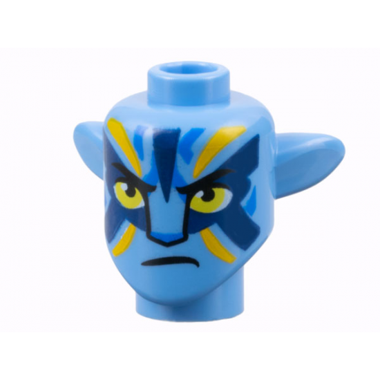 Minifigure, Head, Modified Alien Na'vi with Yellow Eyes, Blue Markings, Bright Light Orange and Dark Blue War Paint, Frown Pattern