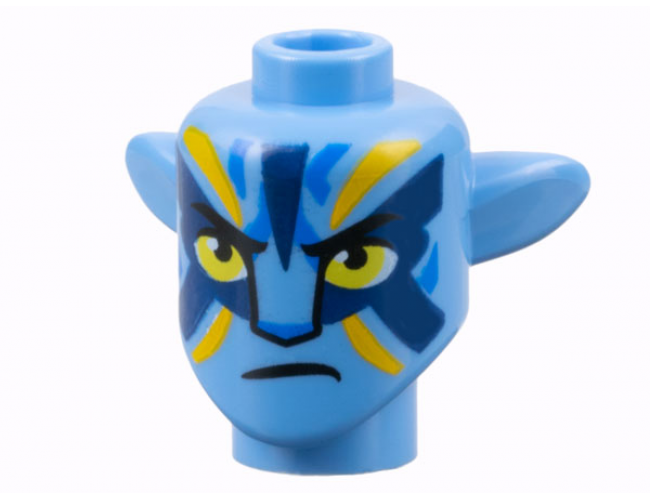 Minifigure, Head, Modified Alien Na'vi with Yellow Eyes, Blue Markings, Bright Light Orange and Dark Blue War Paint, Frown Pattern