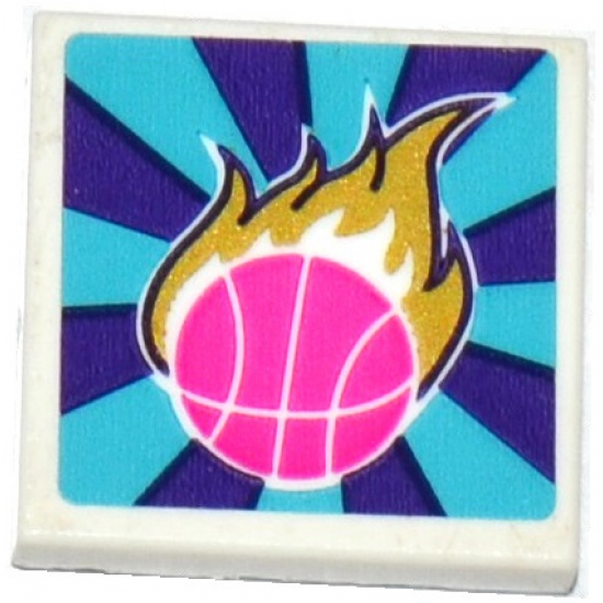 Tile 2 x 2 with Dark Pink Basketball and Gold Flames Pattern (Sticker) - Set 41127