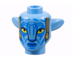 Minifigure, Head, Modified Alien Na'vi with Yellow Eyes, Silver Spots, Blue Markings and Lips, Dark Tan Tassels, Neutral Pattern