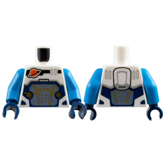 Torso Reddish Orange and Black Classic Space Logo, Sand Blue Panel with Gold Lines, Dark Blue Trim Pattern / Dark Azure Arms / Dark Blue Hands