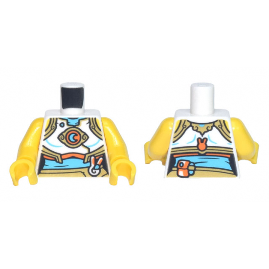 Torso Female Crop Top with Gold Trim, Medium Azure and Orange Cresent Moon Symbol, Bunny Head, and Pouch Pattern / Yellow Arms / Yellow Hands