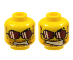 Minifigure, Head Dual Sided Black Eyebrows with Scar, Sunglasses with Dark Red Lenses and White Reflections, Bright Light Orange Beard Shadow with Stubble, Gold Tooth, Angry Bared Teeth / Lopsided Open Mouth Smile Pattern