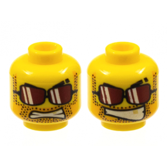 Minifigure, Head Dual Sided Black Eyebrows with Scar, Sunglasses with Dark Red Lenses and White Reflections, Bright Light Orange Beard Shadow with Stubble, Gold Tooth, Angry Bared Teeth / Lopsided Open Mouth Smile Pattern