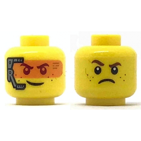 Minifigure, Head Dual Sided Smile with Silver Headset and Orange Head-Up Display (HUD) / Frown Pattern