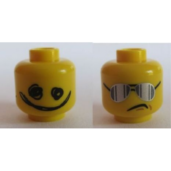 Minifigure, Head Dual Sided Silver Sunglasses with Vertical Lines / Scribble-Face Smile Pattern