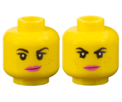 Minifigure, Head Dual Sided Female Black Eyebrows, Eyelashes, Medium Nougat Freckles, Dark Pink Lips, Lopsided Smile / Determined Pattern