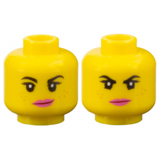 Minifigure, Head Dual Sided Female Black Eyebrows, Eyelashes, Medium Nougat Freckles, Dark Pink Lips, Lopsided Smile / Determined Pattern