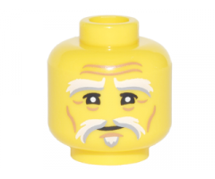 Minifigure, Head White and Light Bluish Gray Bushy Eyebrows, Moustache and Soul Patch, Upper Eyelids, Nougat Cheek Lines, Chin Dimple, Forehead Creases and Wrinkles, Neutral with Squinting Eyes Pattern