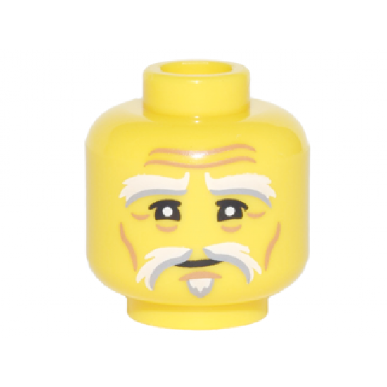 Minifigure, Head White and Light Bluish Gray Bushy Eyebrows, Moustache and Soul Patch, Upper Eyelids, Nougat Cheek Lines, Chin Dimple, Forehead Creases and Wrinkles, Neutral with Squinting Eyes Pattern
