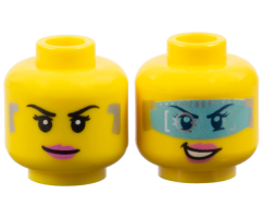 Minifigure, Head Dual Sided Female Digital Eye Glasses, Pink Lips, Smirk / Visor Open Pattern (Caila Phoenix)
