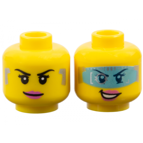 Minifigure, Head Dual Sided Female Digital Eye Glasses, Pink Lips, Smirk / Visor Open Pattern (Caila Phoenix)
