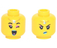 Minifigure, Head Dual Sided Female, Dark Pink Eye Shadow, Medium Azure Lips, Gold Charm on Forehead, Open Mouth Smile and Wink / Angry Pattern