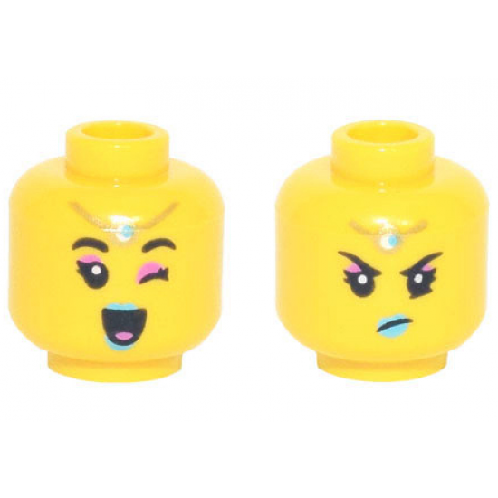 Minifigure, Head Dual Sided Female, Dark Pink Eye Shadow, Medium Azure Lips, Gold Charm on Forehead, Open Mouth Smile and Wink / Angry Pattern