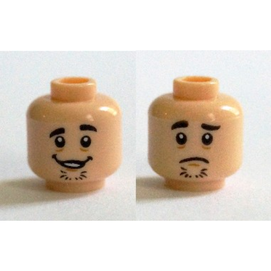 Minifigure, Head Dual Sided Black Eyebrows, Chin Stubble, Open Mouth Grin / Sad Face Pattern (Shaggy)