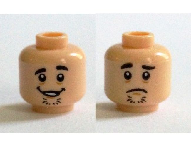 Minifigure, Head Dual Sided Black Eyebrows, Chin Stubble, Open Mouth Grin / Sad Face Pattern (Shaggy)