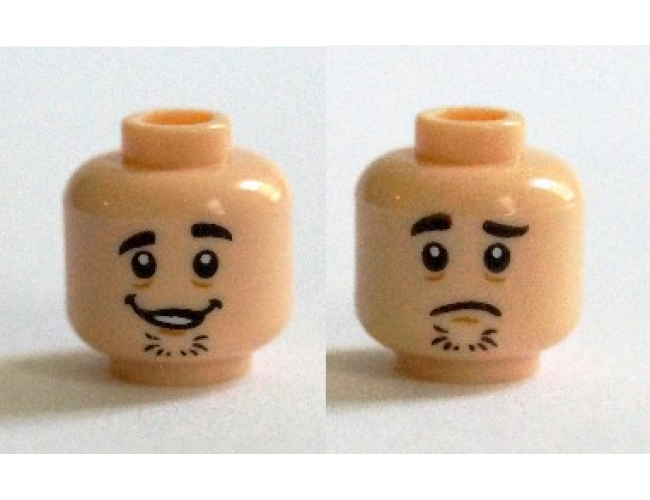 Minifigure, Head Dual Sided Black Eyebrows, Chin Stubble, Open Mouth Grin / Sad Face Pattern (Shaggy)