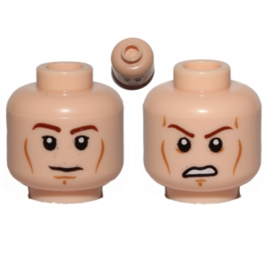 Minifigure, Head Dual Sided Brown Eyebrows, Black Eyes with Pupils, Wrinkles, Slight Smile / Angry with Bared Teeth Pattern (SW Anakin)