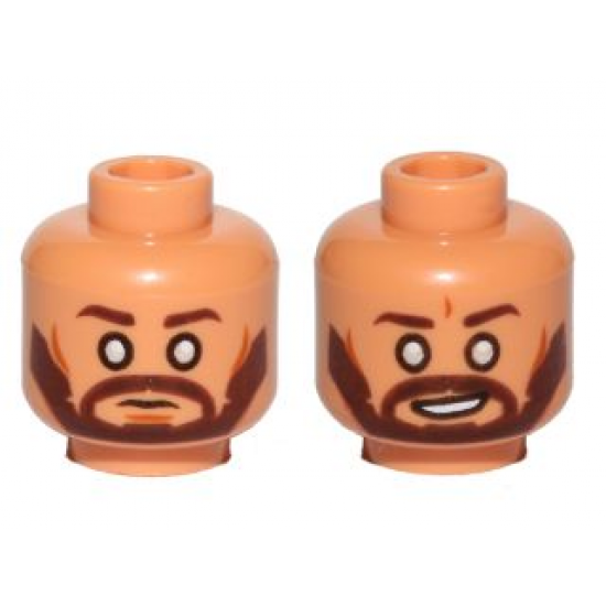 Minifigure, Head Dual Sided Dark Brown Eyebrows, Beard, Cheek Lines, White Blind Eyes, Neutral / Smile Pattern (SW Kanan Jarrus)