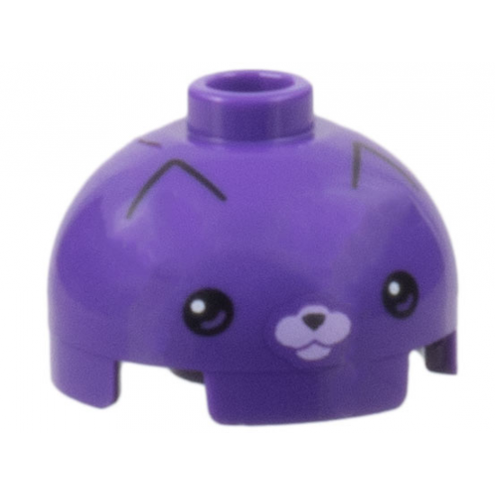 Brick, Round 2 x 2 Dome Top with Cat Face, Black Eyes, Nose, and Pointed Ear Outlines, Lavender Muzzle Pattern