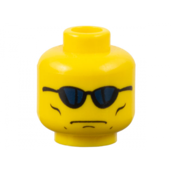 Minifigure, Head Glasses with Blue Sunglasses, Grim Face with Cheek Lines Pattern