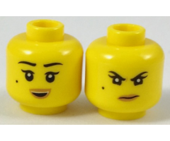 Minifigure, Head Dual Sided Female Black Eyebrows, Single Eyelashes, and Beauty Mark, Nougat Lips, Open Mouth Smile with Top Teeth / Scowl with Wrinkle between Eyes Pattern
