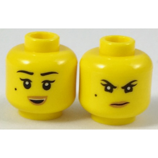 Minifigure, Head Dual Sided Female Black Eyebrows, Single Eyelashes, and Beauty Mark, Nougat Lips, Open Mouth Smile with Top Teeth / Scowl with Wrinkle between Eyes Pattern