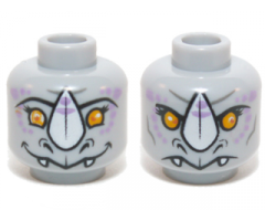 Minifigure, Head Dual Sided Alien Chima Rhinoceros with Orange Eyes, Purple Markings and White Horn, Neutral / Happy Pattern (Rinona)
