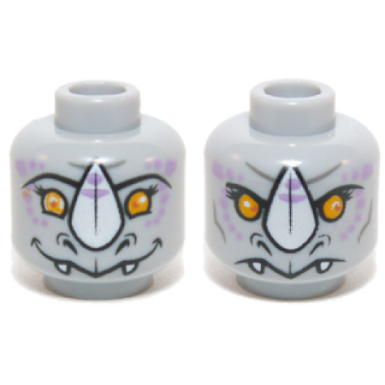 Minifigure, Head Dual Sided Alien Chima Rhinoceros with Orange Eyes, Purple Markings and White Horn, Neutral / Happy Pattern (Rinona)