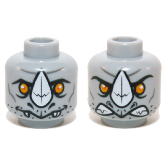 Minifigure, Head Dual Sided Alien Chima Rhinoceros with Orange Eyes and White Horn, Neutral / Angry Pattern (Rogon)