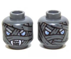 Minifigure, Head Dual Sided Alien Chima Mummy with Wrappings, Bright Light Blue Eyes, White Fangs / No Fangs Pattern