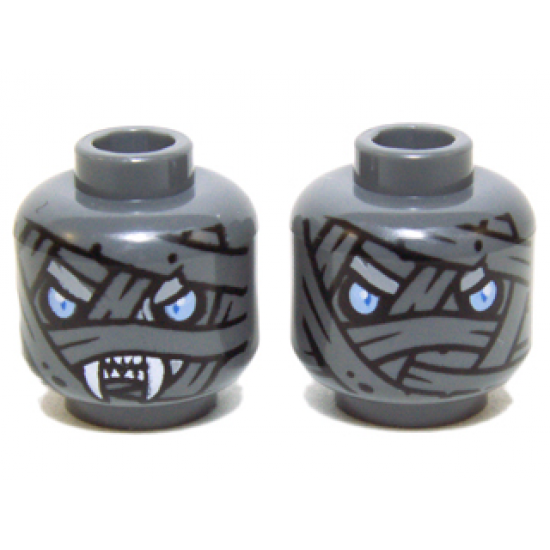 Minifigure, Head Dual Sided Alien Chima Mummy with Wrappings, Bright Light Blue Eyes, White Fangs / No Fangs Pattern