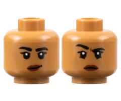 Minifigure, Head Dual Sided Female, Black Eyebrows, Reddish Brown Lips, Lopsided Grin / Right Eyebrow Raised Pattern