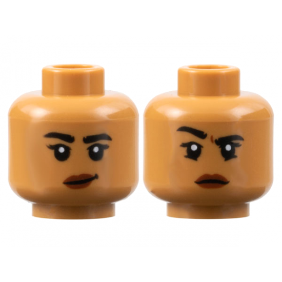 Minifigure, Head Dual Sided Female, Black Eyebrows, Reddish Brown Lips, Lopsided Grin / Right Eyebrow Raised Pattern