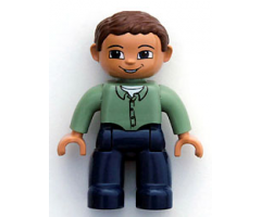 Duplo Figure Lego Ville, Male, Dark Blue Legs, Sand Green Top with Buttons, Reddish Brown Hair, Brown Eyes