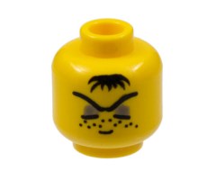 Minifigure, Head Black Hair Tuft, Closed Eyes, Dark Gray Eyelids, Freckles Stubble Pattern