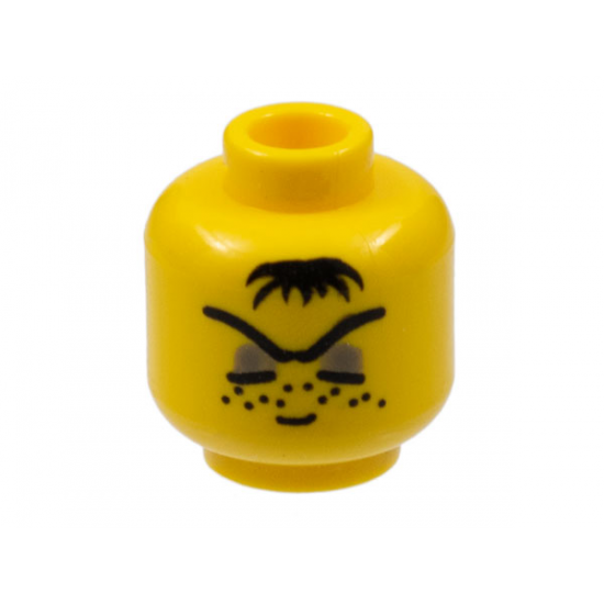 Minifigure, Head Black Hair Tuft, Closed Eyes, Dark Gray Eyelids, Freckles Stubble Pattern