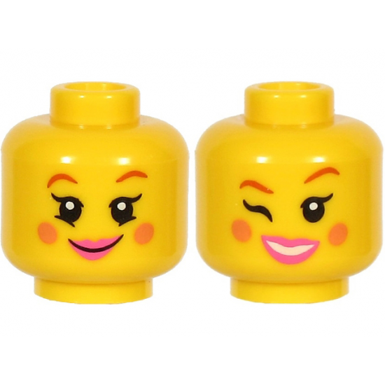 Minifigure, Head Dual Sided Female, Reddish Brown Eyebrows, Nougat Cheeks, Dark Pink Lips, Smile / Open Mouth and Winking Pattern (BAM)