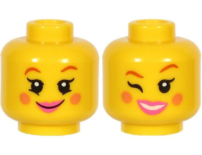 Minifigure, Head Dual Sided Female, Reddish Brown Eyebrows, Nougat Cheeks, Dark Pink Lips, Smile / Open Mouth and Winking Pattern (BAM)