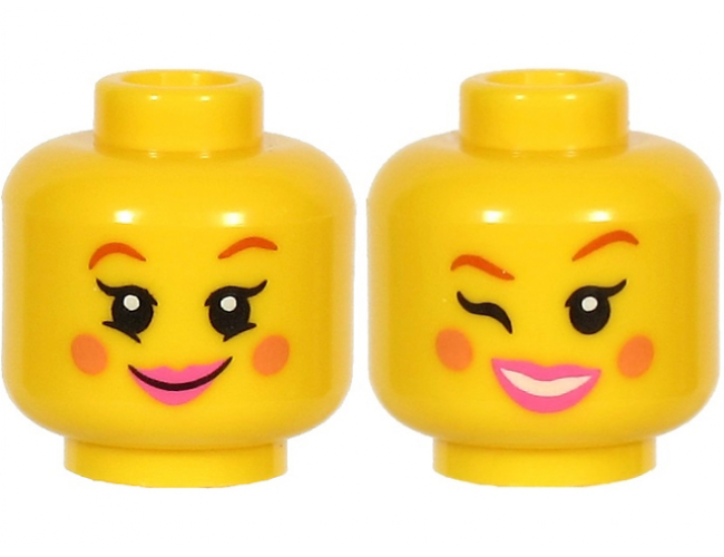 Minifigure, Head Dual Sided Female, Reddish Brown Eyebrows, Nougat Cheeks, Dark Pink Lips, Smile / Open Mouth and Winking Pattern (BAM)