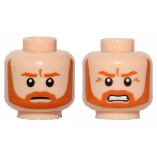 Minifigure, Head Dual Sided Dark Orange Eyebrows, Moustache and Full Beard, Medium Nougat Wrinkles, Neutral / Angry Bared Teeth Pattern