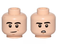 Minifigure, Head Dual Sided Black Eyebrows, Slight Crooked Smile / Downturned Mouth with Teeth Pattern