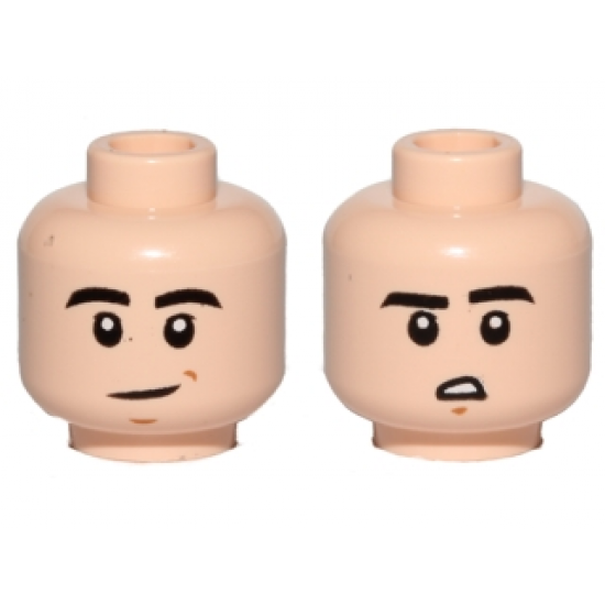 Minifigure, Head Dual Sided Black Eyebrows, Slight Crooked Smile / Downturned Mouth with Teeth Pattern