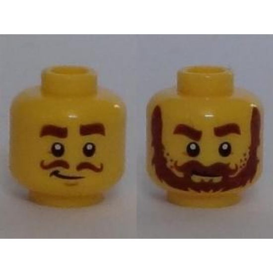 Minifigure, Head Dual Sided Brown Thick Eyebrows, Curly Moustache, Smirk / Thick Moustache, Bushy Beard Pattern